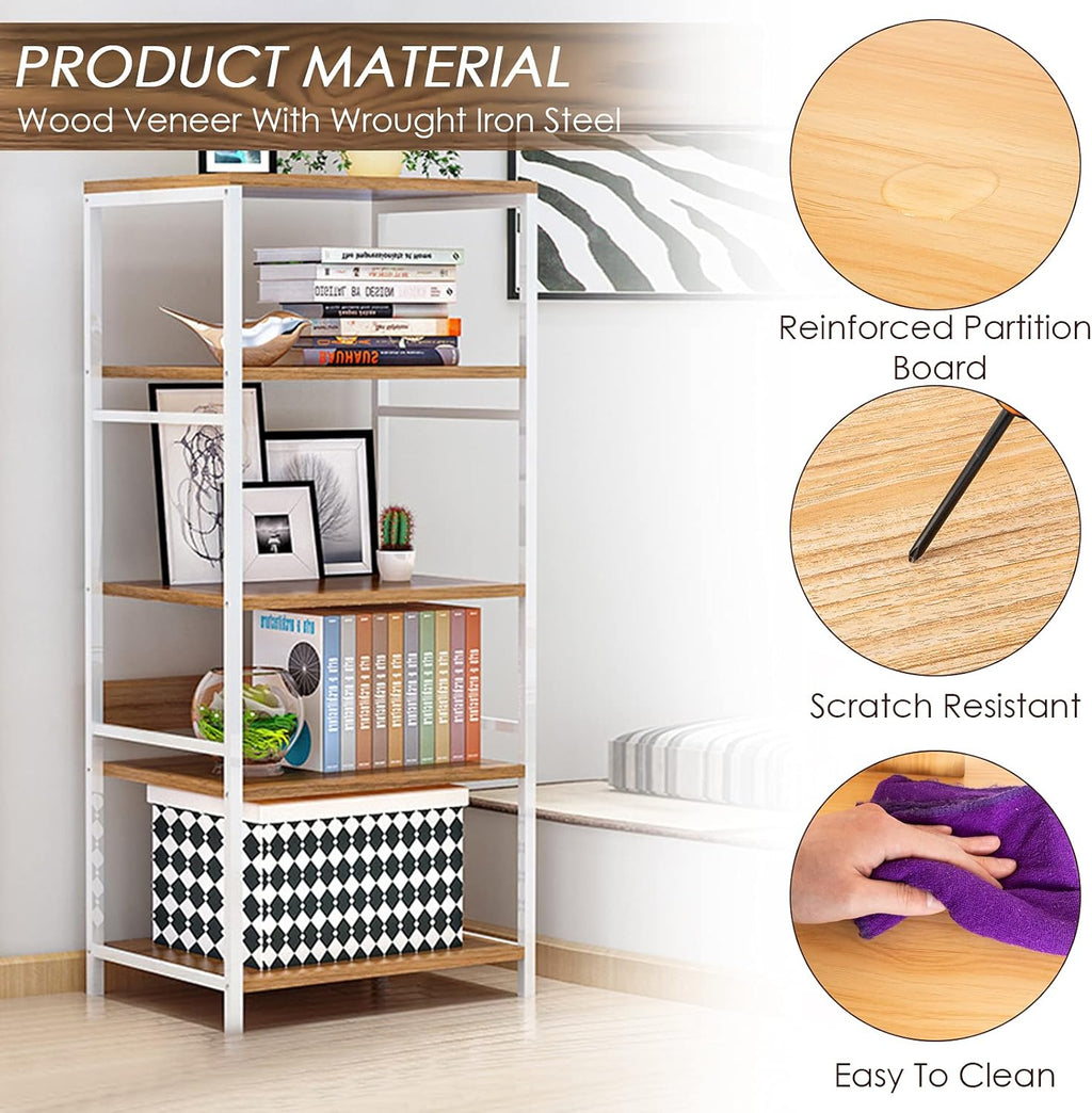 5 Tier Industrial Bookshelf with Metal Frame, Rustic Wood and Metal Shelving Unit, Oak X64236