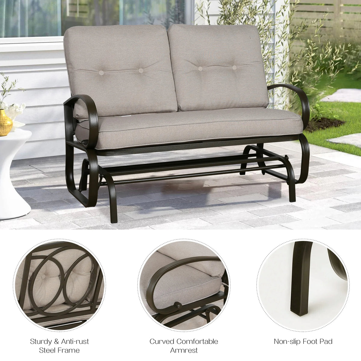 Beige 2-Person Outdoor Steel Glider Chair N349