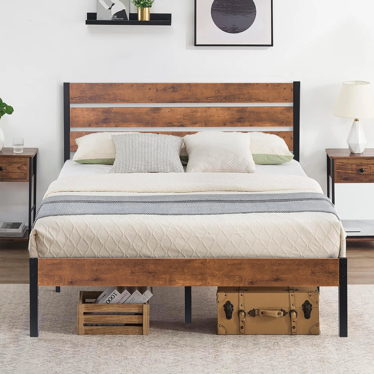 Queen Bed Frame with Wooden Headboard and Metal Slats H762