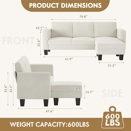 Cream Corduroy L-Shaped Convertible Sectional Sofa 3 Seater E77108