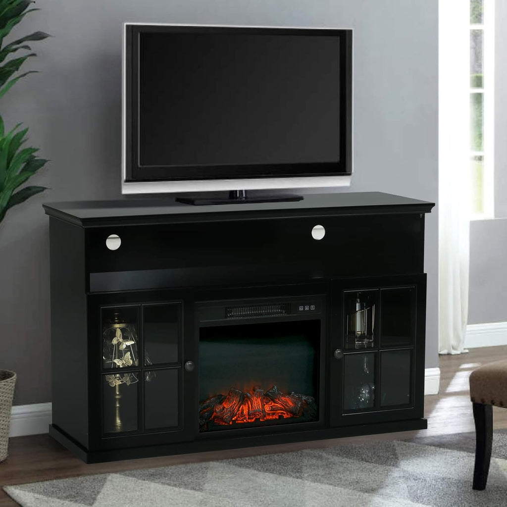 Black Fireplace TV Stand with Insert Fireplace and Adjustable Shelves T5889