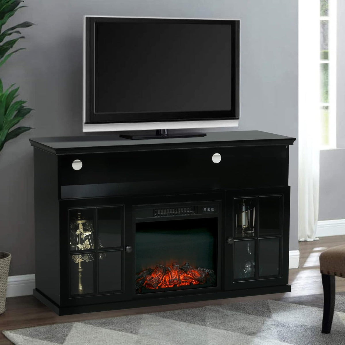 Black Fireplace TV Stand with Insert Fireplace and Adjustable Shelves T5889