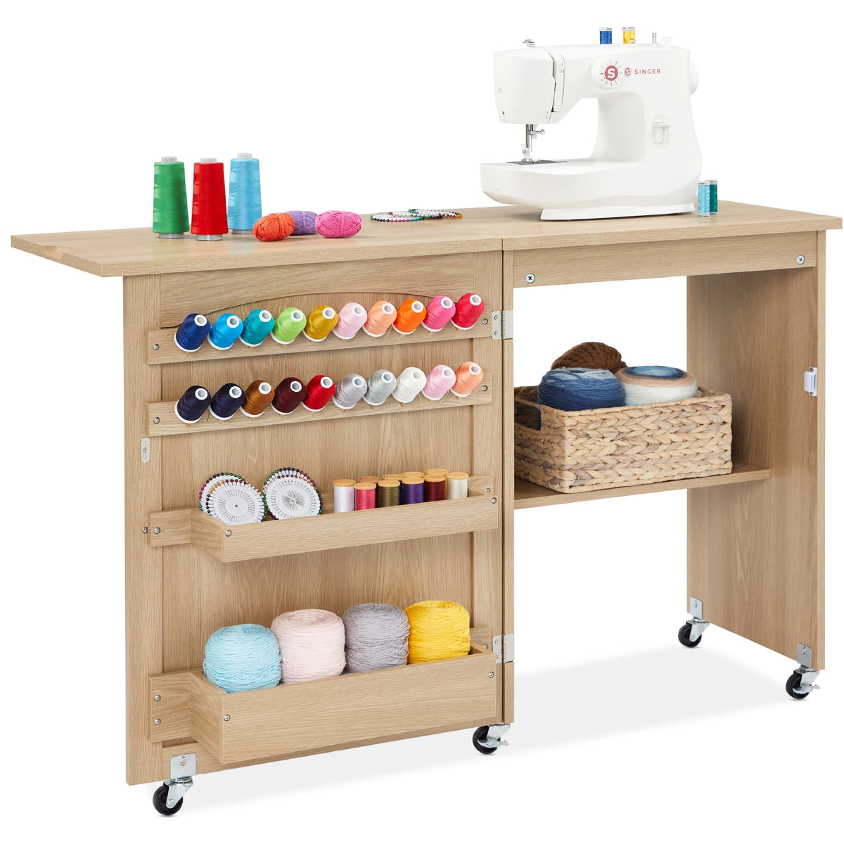 Sewing Machine Table & Desk with Craft Storage and Trays Light Brown G126
