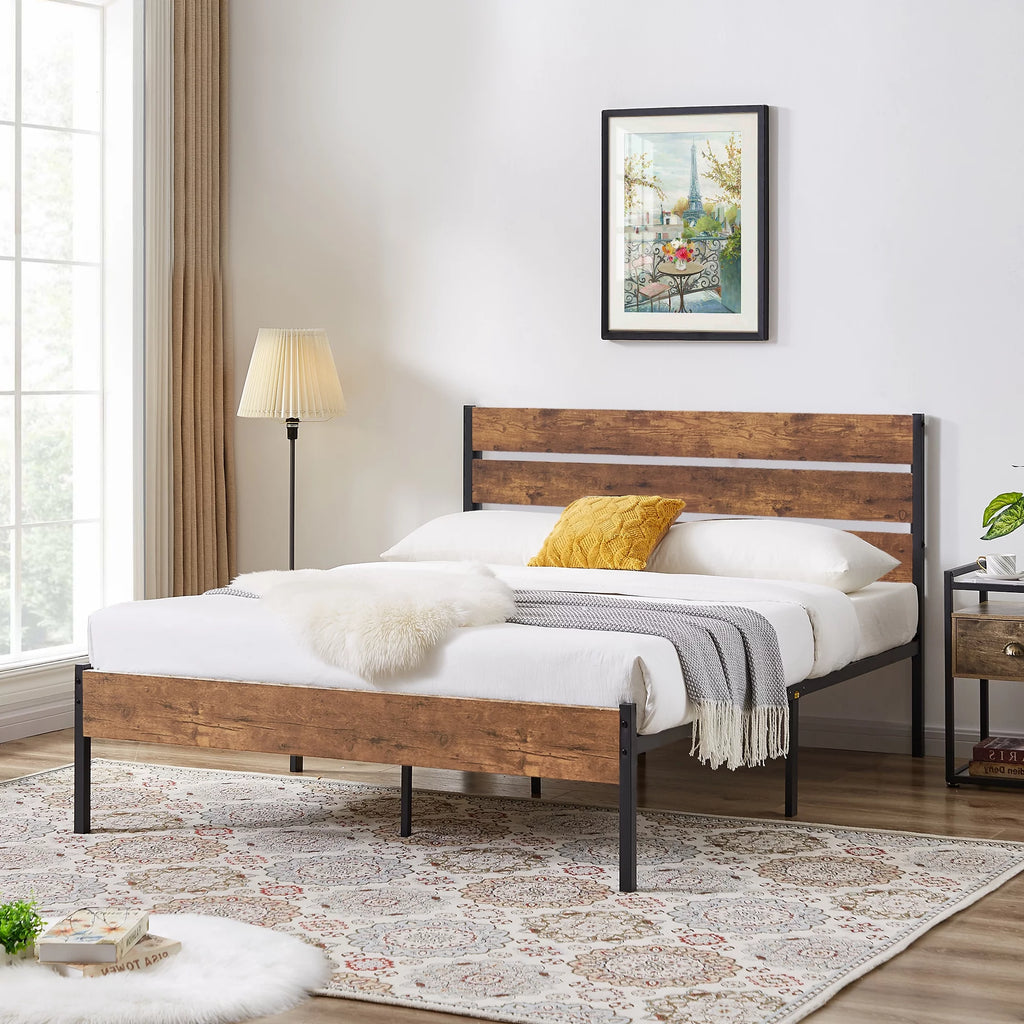 Queen Bed Frame with Wooden Headboard and Metal Slats H762