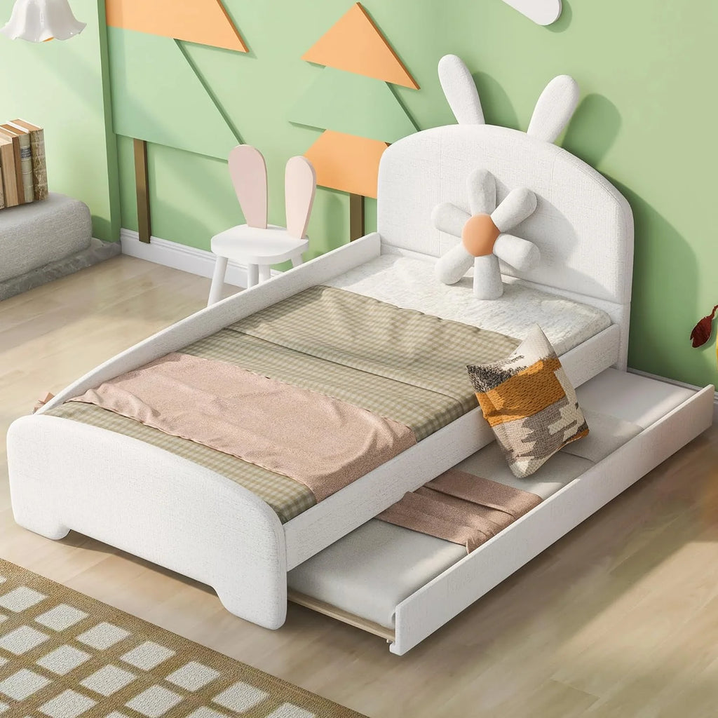 White Chenille Upholstered Platform Bed with Trundle and Cartoon Ears Headboard R3896