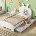White Chenille Upholstered Platform Bed with Trundle and Cartoon Ears Headboard R3896