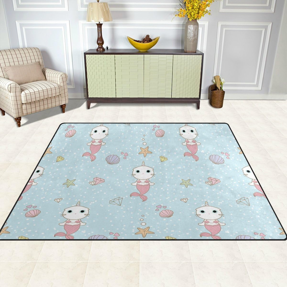Cute Cat Unicorn Mermaid Lightweight Area Rug I210249