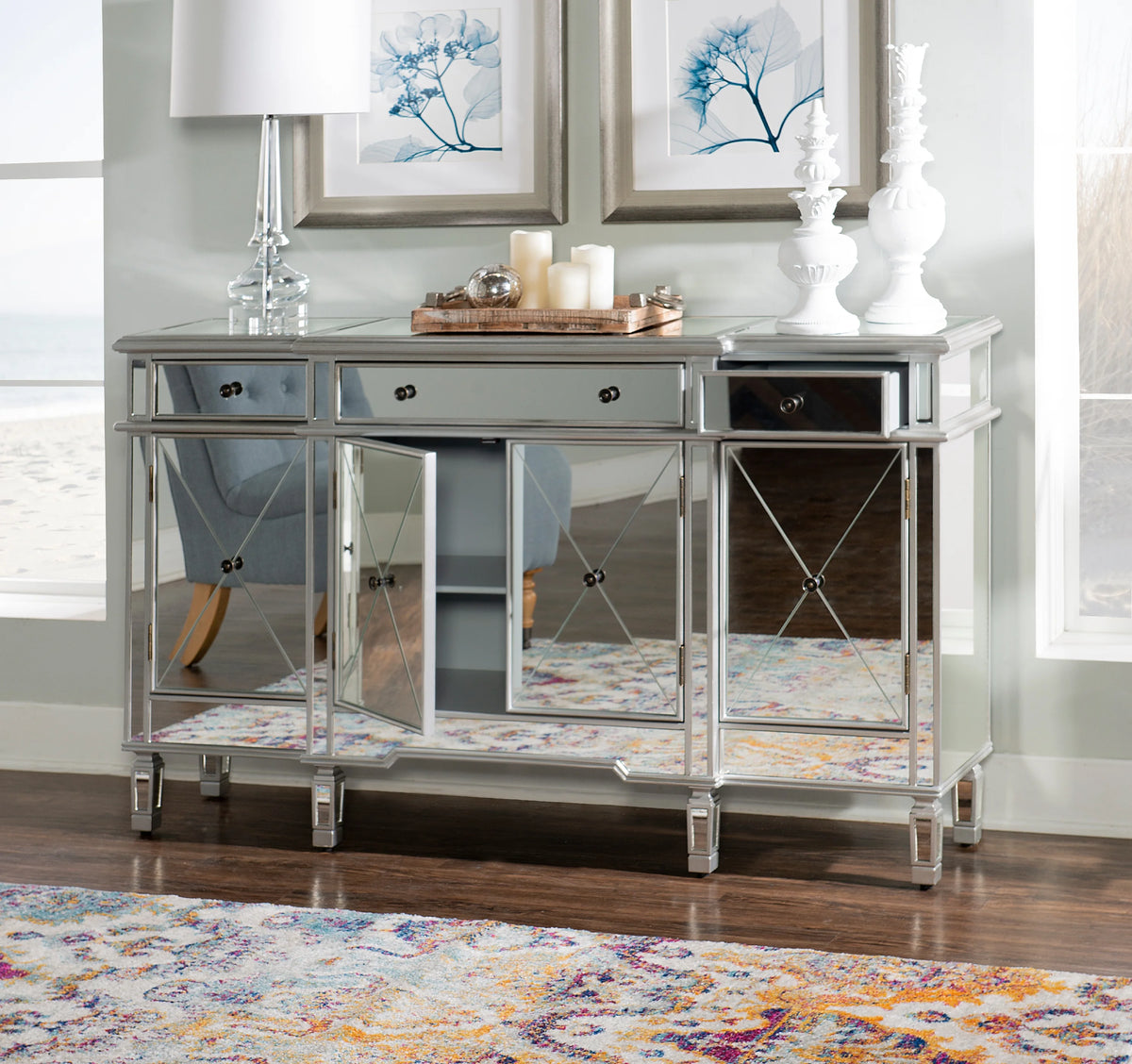 4-Door 3-Drawer Long Console Table with Shelves, Mirrored Surfaces, Silver Wood F497