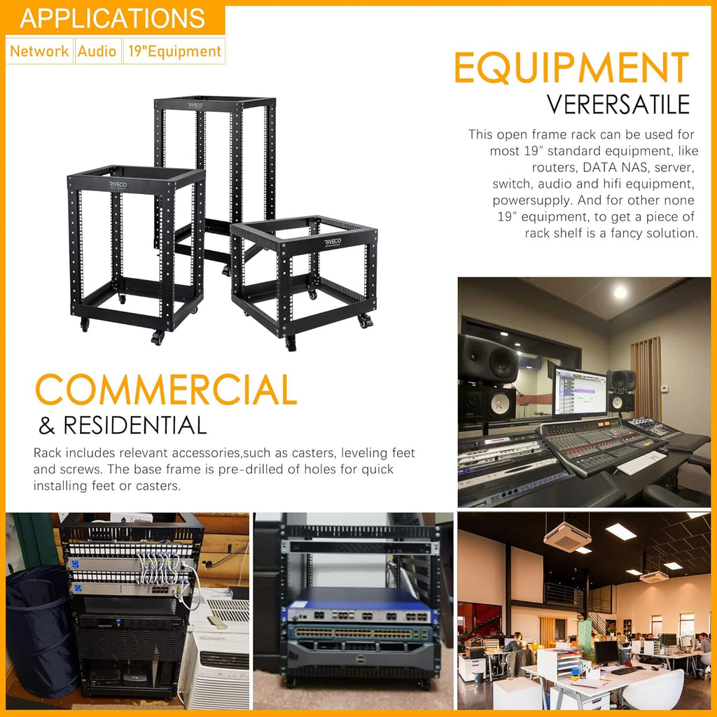 12U Open Frame Server Rack with Casters Black H17036