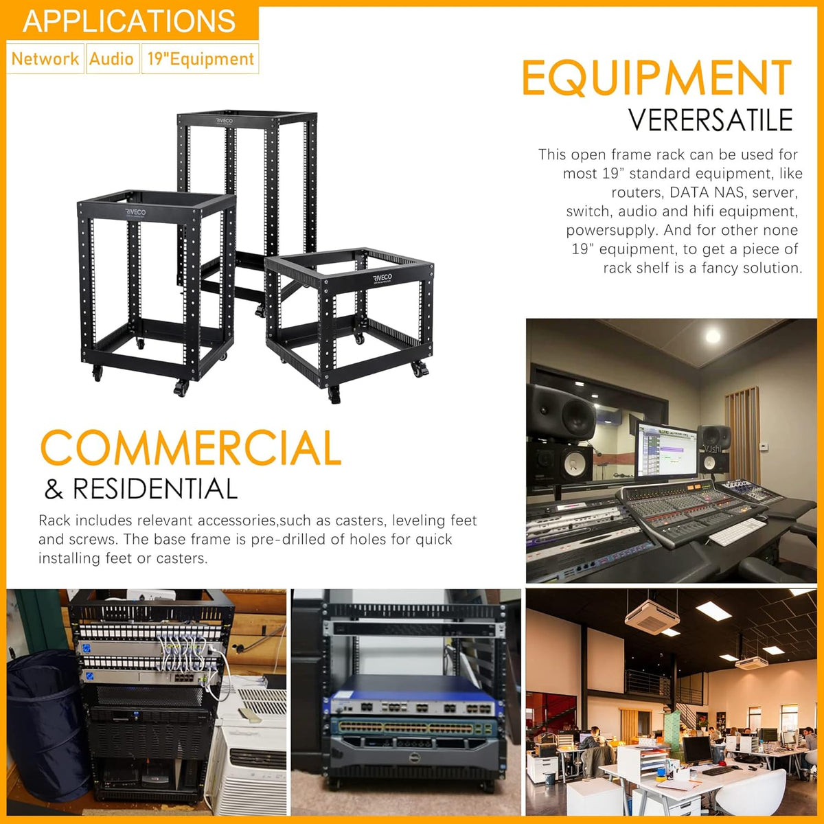 12U Open Frame Server Rack with Casters Black H17036
