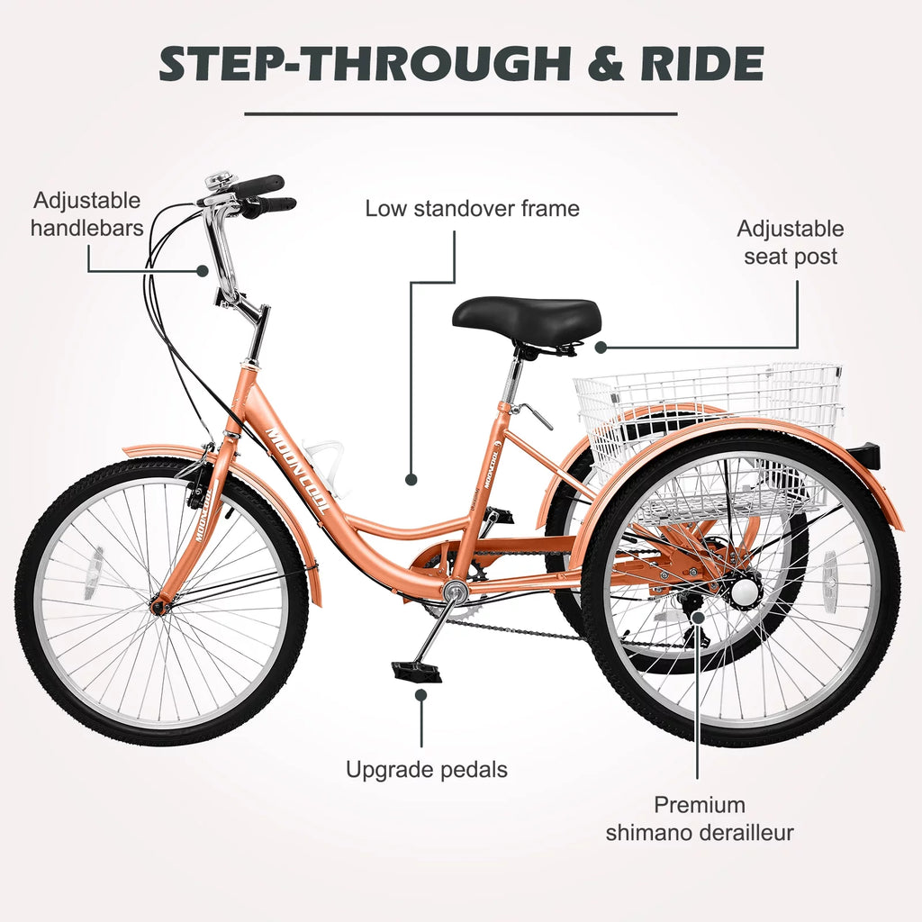24" 7-Speed 3 Wheel Adult Tricycle with Baskets, Orange G953644