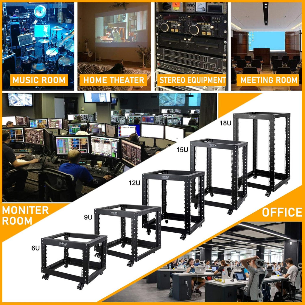 12U Open Frame Server Rack with Casters Black H17036