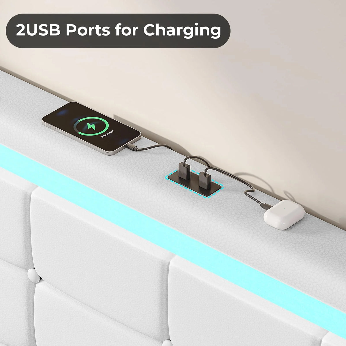 King Bed Frame with Storage Drawers, LED Lights, USB Port, White U83988