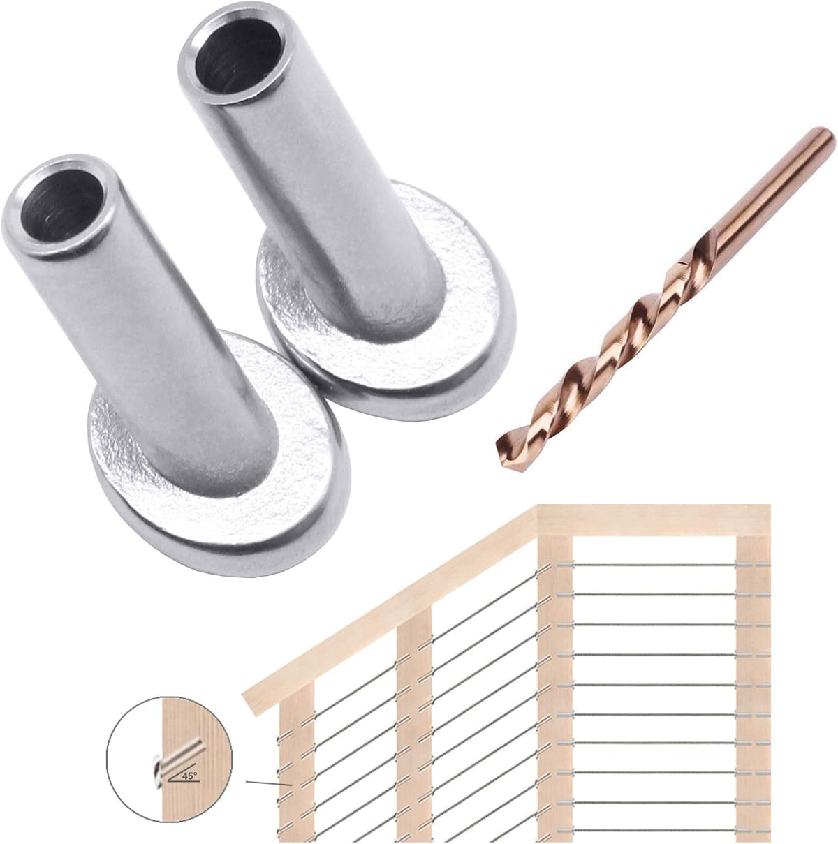 40 Pack 45 Degree T316 Marine Grade Stainless Steel Angle Beveled Protector Sleeves Wood Post Protector for 1/8", 5/32", 3/16" Wire Rope Cable Railing S811