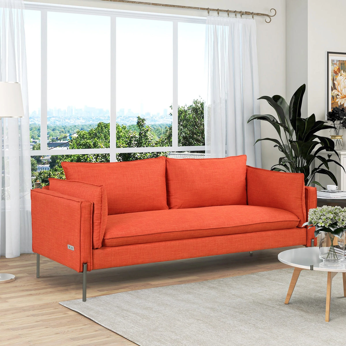 3 Seat Linen Fabric Upholstered Sofa with 2 USB Ports Gray C33351