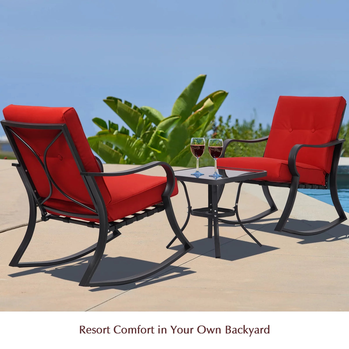 3-Piece Black Metal Rocking Chairs and Table with Brown Cushions U350