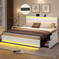 King Bed Frame with Storage Drawers, LED Lights, USB Port, White U83988