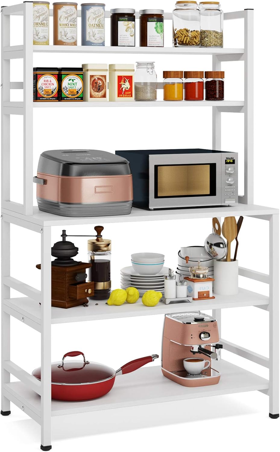 5-Tier Kitchen Bakers Rack with Hutch, Industrial Microwave Oven Stand, Free Standing Kitchen Utility Cart Storage Shelf Organizer (Rustic Brown) A44822