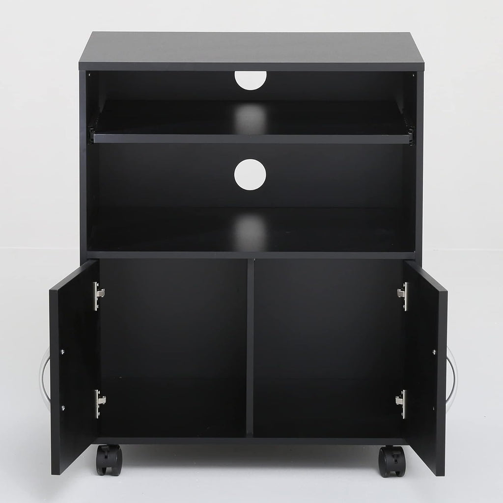 Black Mobile File Cabinet with Keyboard Tray and Doors on Wheels J686