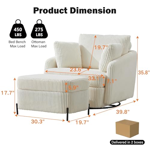 Oversized Swivel Accent Chair with Ottoman, Corduroy, Gray K654