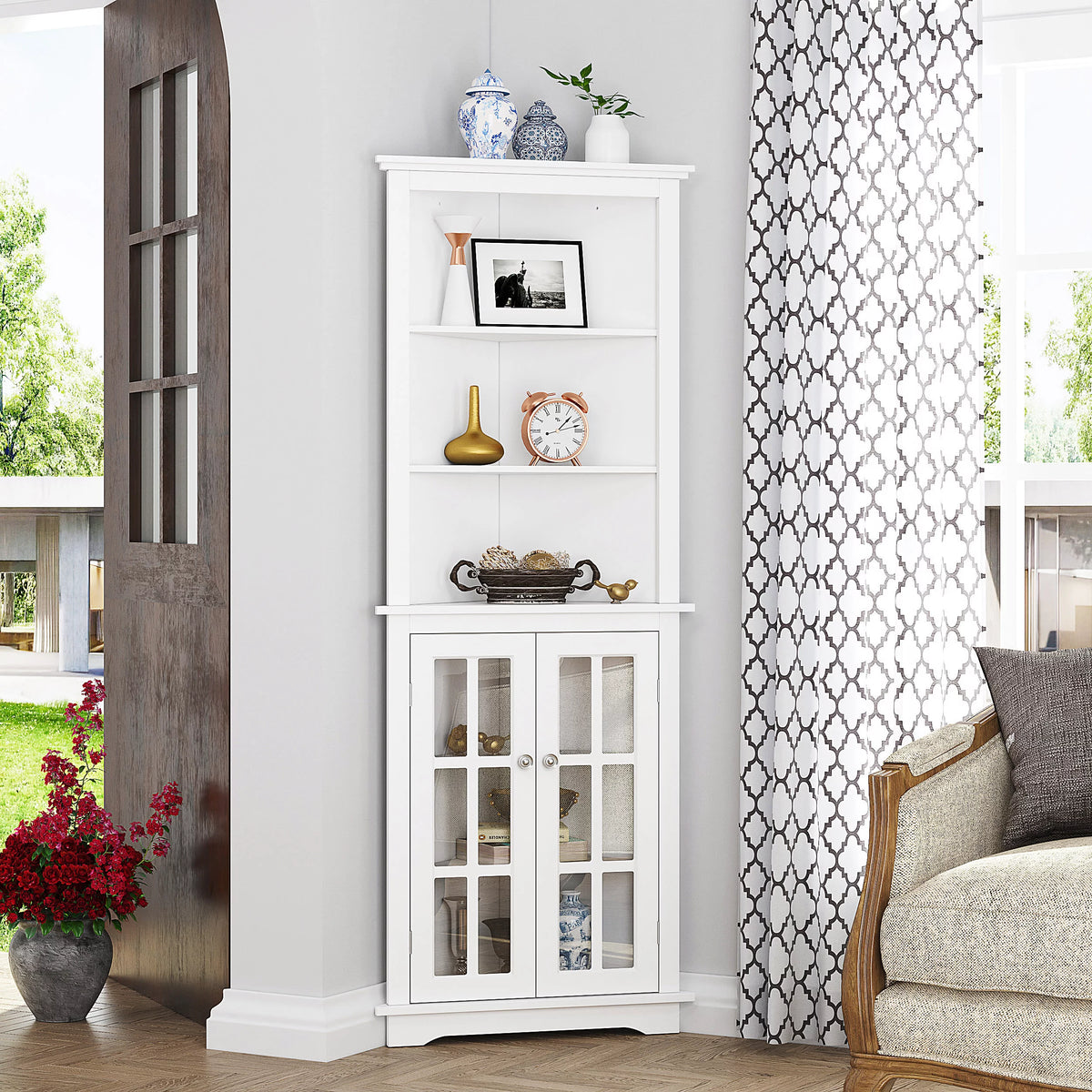 White Tall Corner Storage Cabinet with Glass Doors and Adjustable Shelves X470