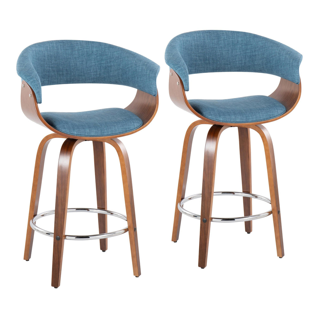 26" Mid-Century Modern Counter Stool with Swivel in Walnut Wood and Blue Fabric with Round Chrome Metal Footrest - Set of 2 Z692