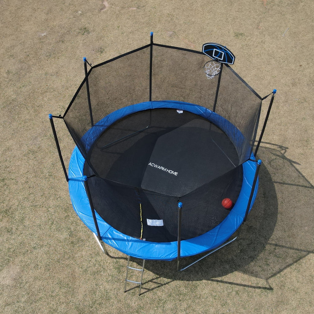 Blue 12FT Outdoor Trampoline with Safety Enclosure and Basketball Hoop W541