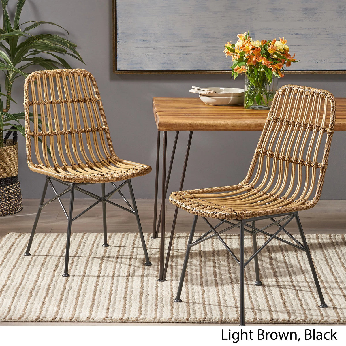 Light Brown Black Wicker Dining Chairs Set of 2 B206719