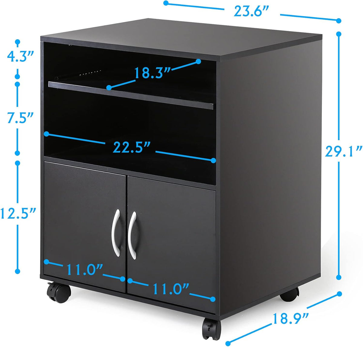Black Mobile File Cabinet with Keyboard Tray and Doors on Wheels J686