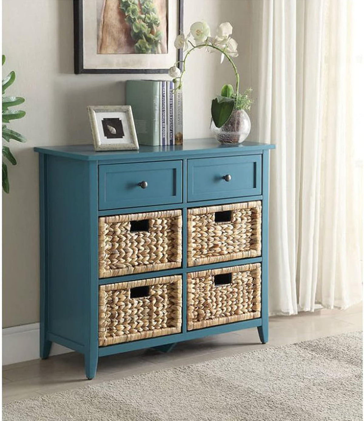 Antique Navy Wood Storage Chest with 2 Drawers and 4 Baskets D371072