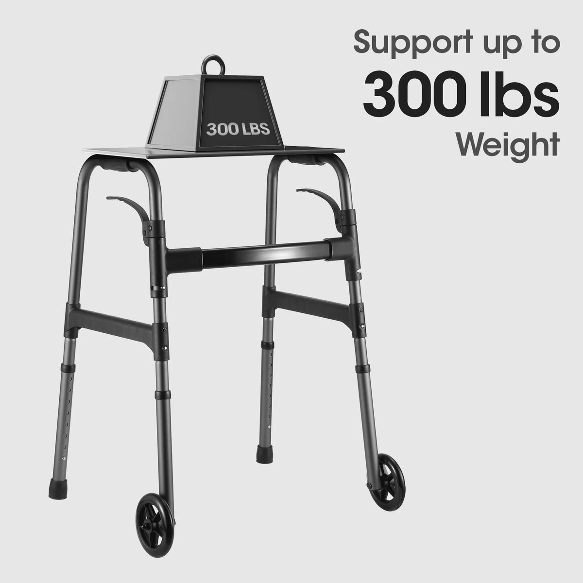 Folding Walker with Wheels, Adjustable Height, 300lbs Weight Capacity, Gunmetal Grey I8362