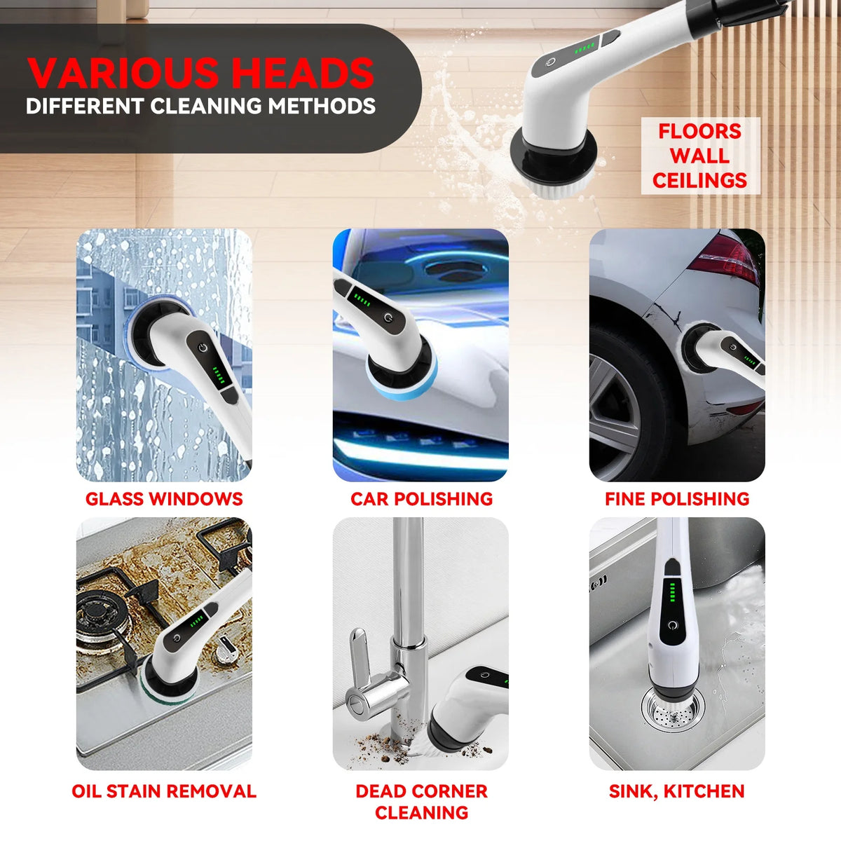 Cordless Electric Spin Scrubber with Long Handle & 7 Replaceable Heads L538