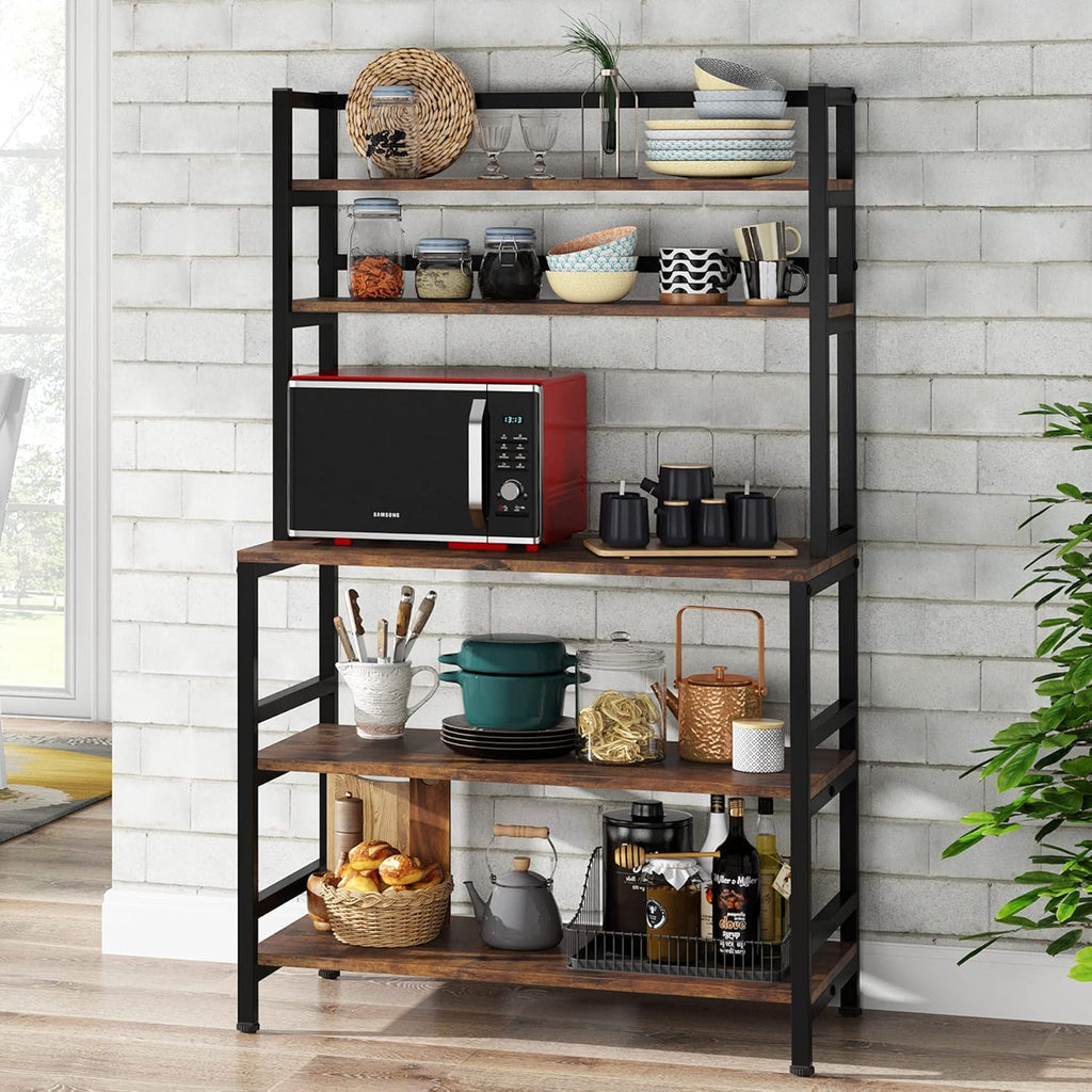 5-Tier Kitchen Bakers Rack with Hutch, Industrial Microwave Oven Stand, Free Standing Kitchen Utility Cart Storage Shelf Organizer (Rustic Brown) A44822