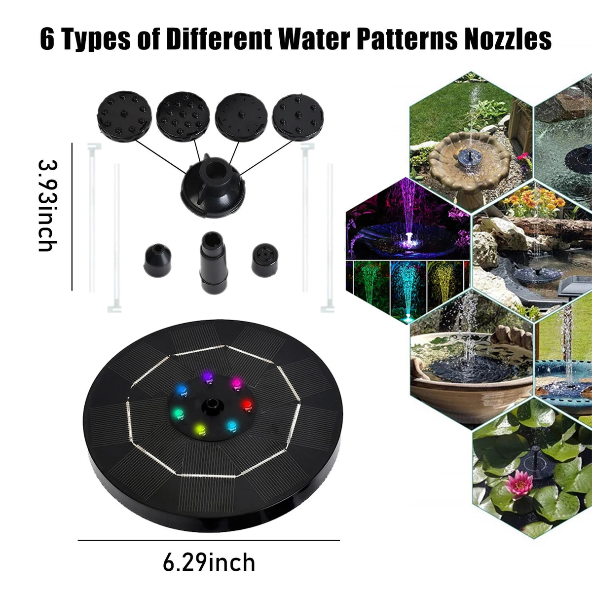 Solar Fountain Pump 3.5W with 1800mAh Battery 6 Nozzles V828