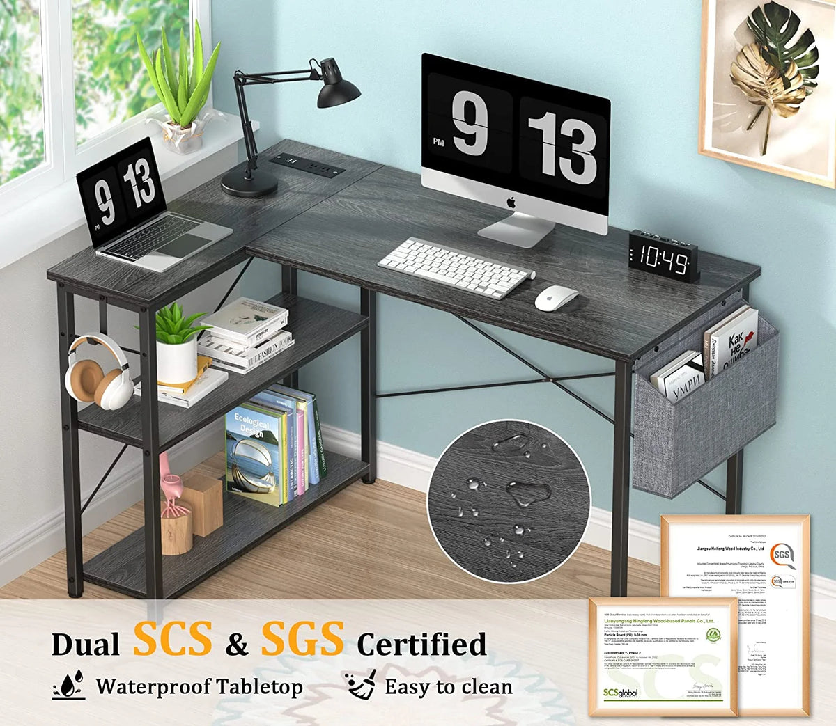 L Shaped Desk with Power Outlets & LED Lights F69284