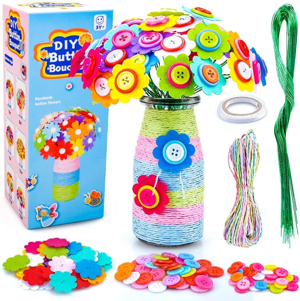 Colorful Buttons and Felt Flower Kit Vase Arts Toy Craft Project E968