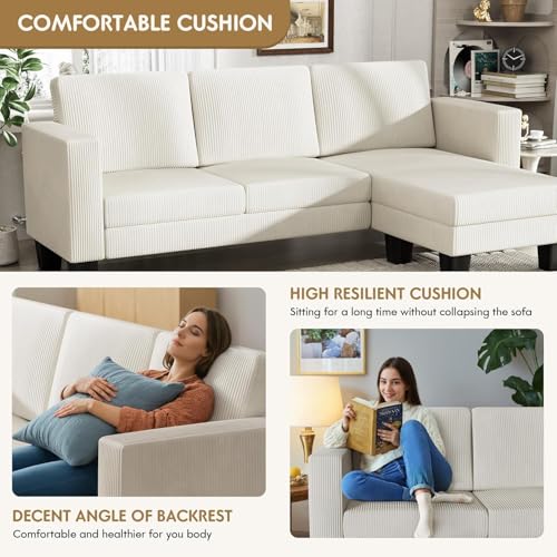 Cream Corduroy L-Shaped Convertible Sectional Sofa 3 Seater E77108