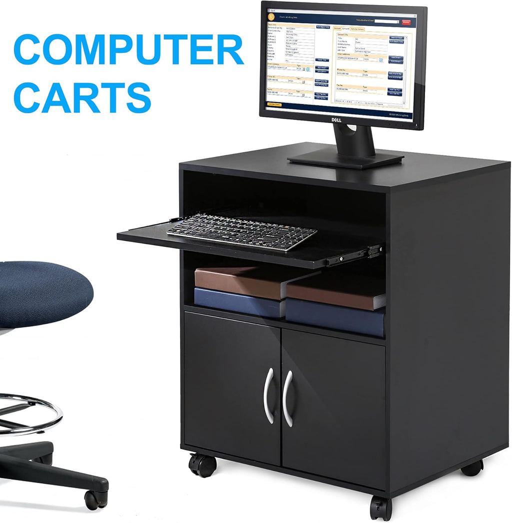 Black Mobile File Cabinet with Keyboard Tray and Doors on Wheels J686