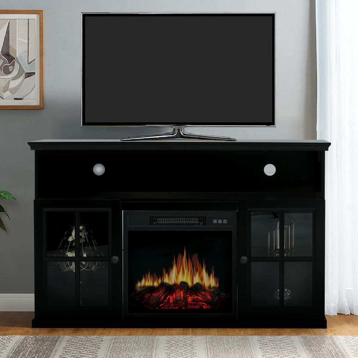 Black Fireplace TV Stand with Insert Fireplace and Adjustable Shelves T5889