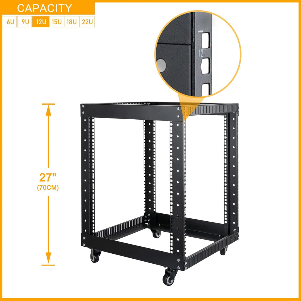 12U Open Frame Server Rack with Casters Black H17036