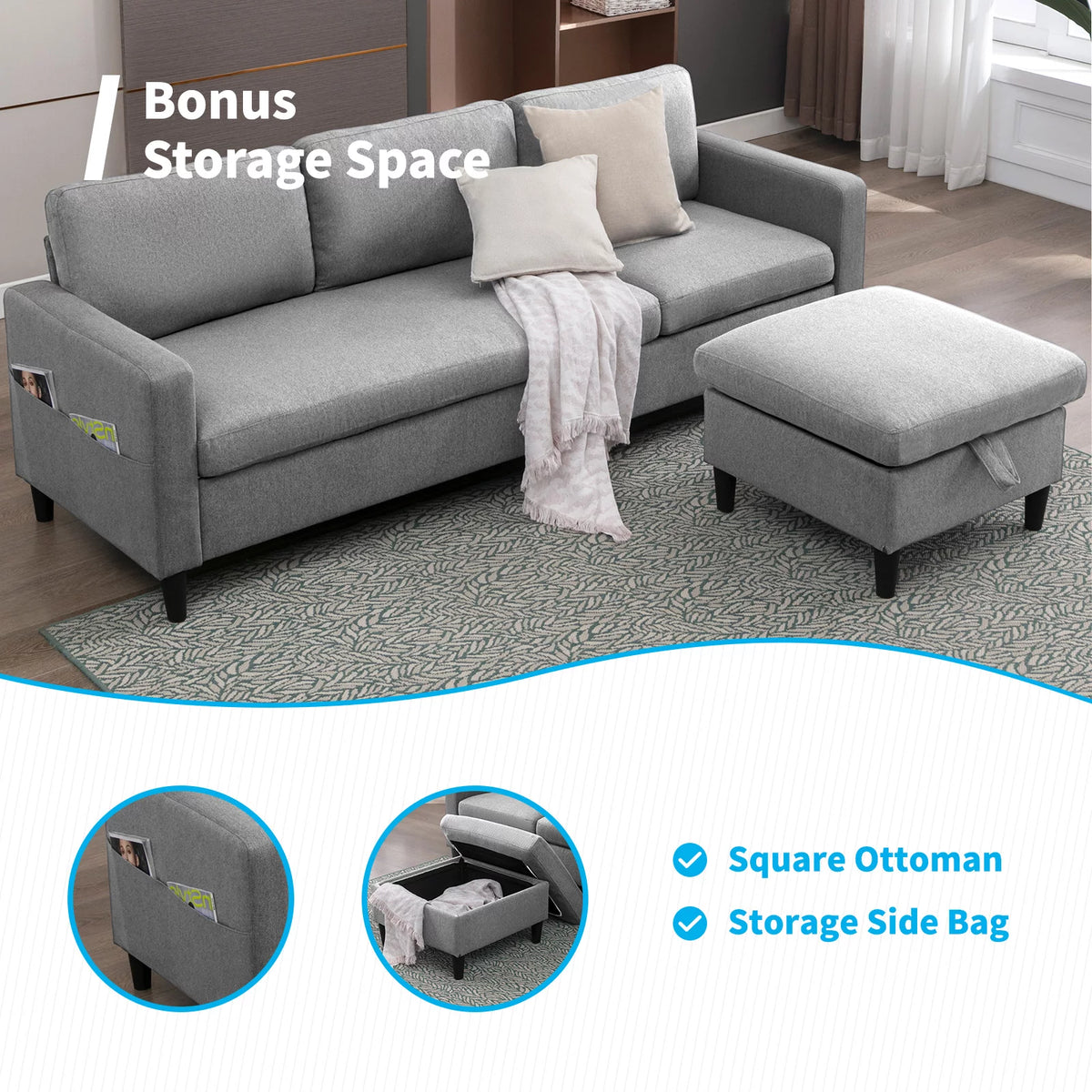 Light Gray L-Shaped Sectional Sofa with Storage Ottoman S1097