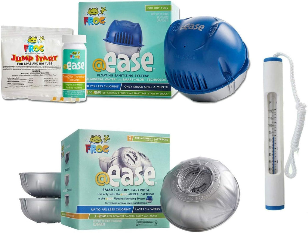 Frog @Ease Floating System with 3 Refill SmartChlor Replacement Mineral Cartridges, Jump Start Shock and 30 Test Strips with Bonus White Spa Thermometer N326