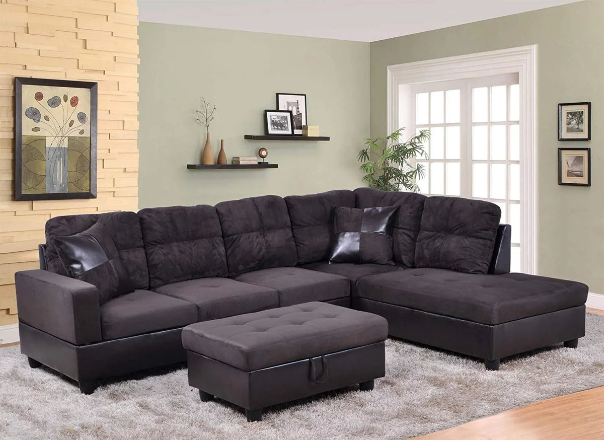 3 PCS L-Shaped Sectional Sofa Set with Storage Ottoman and Pillows W175