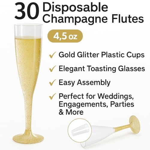 4.5 oz Gold Glitter Disposable Champagne Flutes W7935