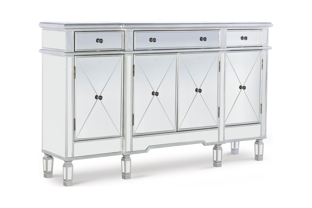 4-Door 3-Drawer Long Console Table with Shelves, Mirrored Surfaces, Silver Wood F497