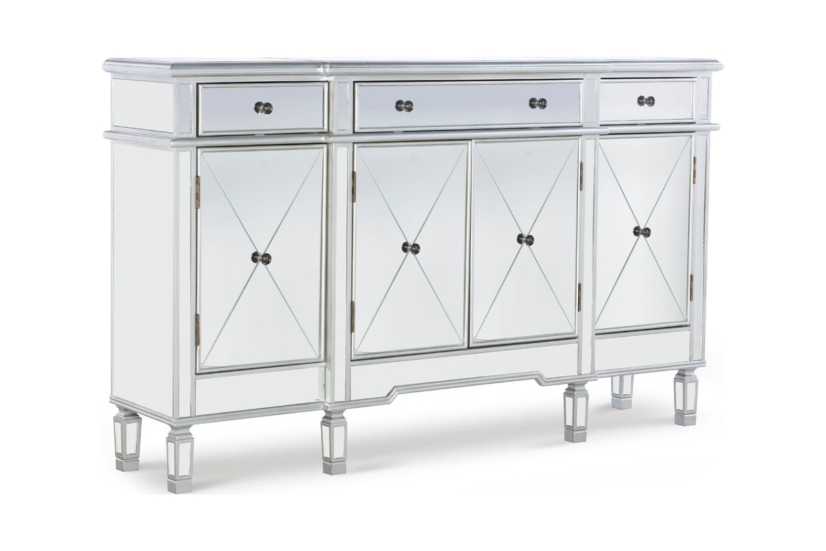 4-Door 3-Drawer Long Console Table with Shelves, Mirrored Surfaces, Silver Wood F497