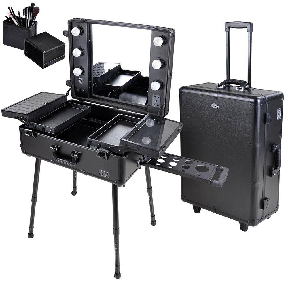 Salon Makeup Train Case Cosmetic Rolling Organizer Table LED Light H8242