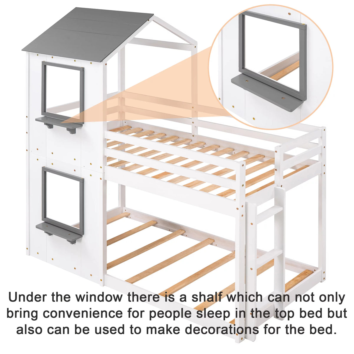 Wood Twin Over Twin Bunk Bed with Roof and Ladder T380311