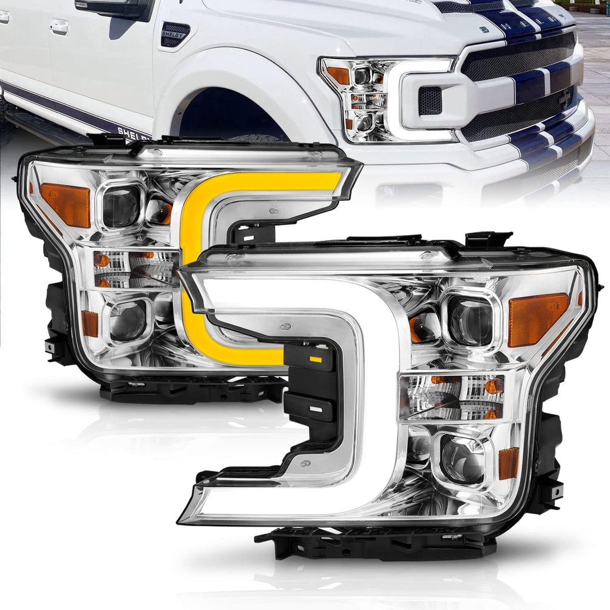 Black Quad Projector Headlights with LED Light Bar Assembly Set G78625