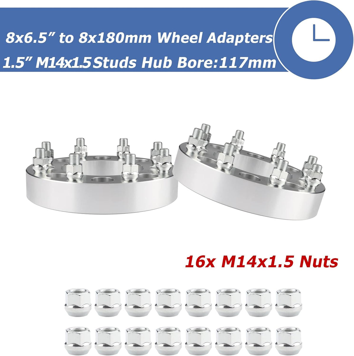 2pcs 8x6.5 to 8x180 Wheel Adapters, 1.5 Inch, Chrome H21011